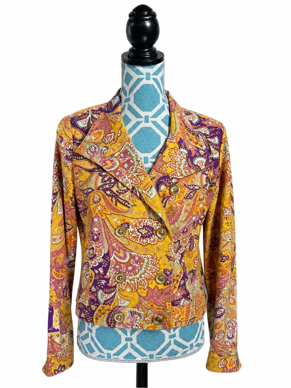 Paisley Double-Breasted Blazer Jacket - Yellow & Purple
